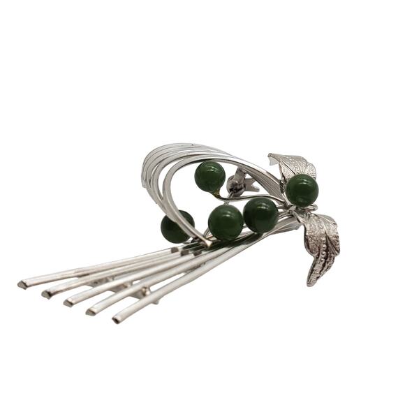 Jade Abstract Brooch Silver Tone Leaf Pin Green Stone Vintage 1960s Modernist - Picture 8 of 9
